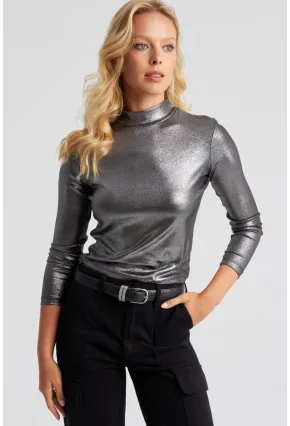 Kadın Gümüş Rengi Parlak Bluz LPP1245