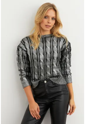Kadın Gümüş Rengi Saç Örgülü Vatkalı Triko Bluz MRM618