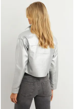 Kadın Gümüş Rengi Varaklı Cropped Ceket KAM302