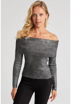 Kadın Gümüş Rengi Varaklı Madonna Triko Bluz SF2523