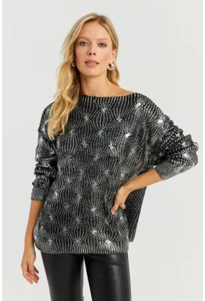 Kadın Gümüş Rengi Varaklı Triko Kazak SF2533