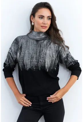 Kadın Gümüş-Siyah Balıkçı Yaka Varaklı Kazak RM07