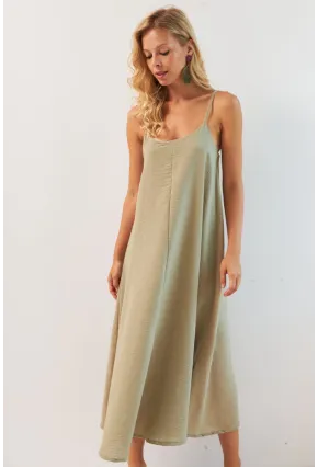 Kadın Haki Ayarlanabilir Askılı Midi Keten Elbise DMR355
