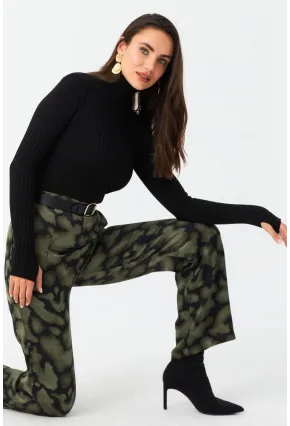 Kadın Haki Batik Desenli Saten Pantolon CAR1069