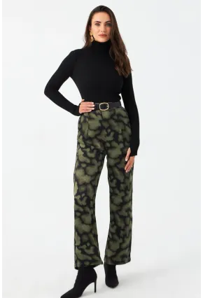Kadın Haki Batik Desenli Saten Pantolon CAR1069