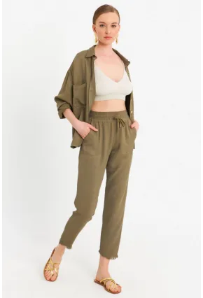 Kadın Haki Beli Lastikli Tensel Pantolon SUN201