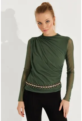 Kadın Haki Büzgülü Drapeli Tül Bluz LPP1244