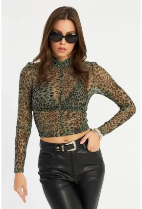 Kadın Haki Büzgülü Leopar Tül Bluz AYD379