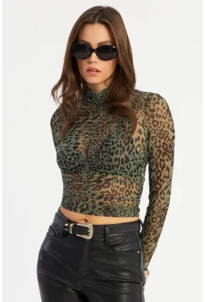 Kadın Haki Büzgülü Leopar Tül Bluz AYD379