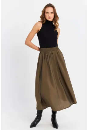 Kadın Haki Cepli Midi Etek SH20194