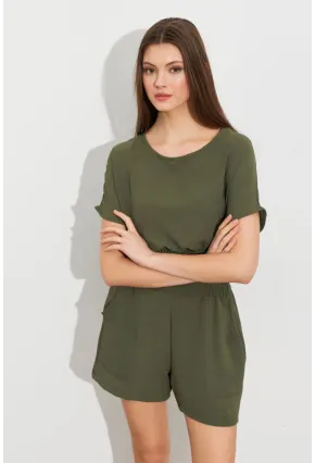 Kadın Haki Crop Şort Takım Q1014