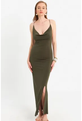 Kadın Haki Degaje Yaka Askılı Maxi Elbise DMR289