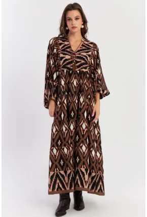 Kadın Haki Desenli Dokuma Maxi Elbise ALO235