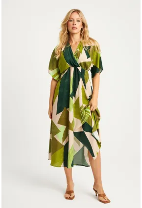 Kadın Haki Desenli Kruvaze Midi Elbise HT108