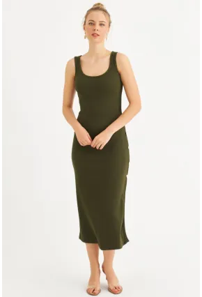 Kadın Haki Düğme Detaylı Kaşkorse Midi Elbise EY2837