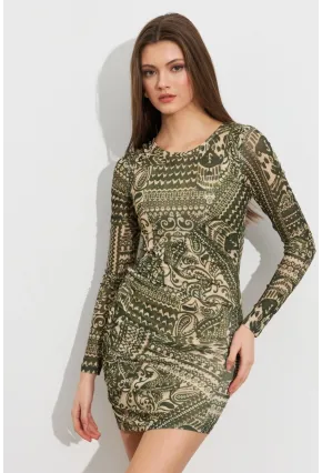 Kadın Haki Etnik Desenli Mini Elbise ROP110