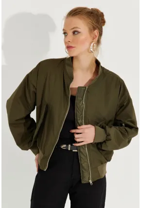 Kadın Haki Fermuarlı Bomber Mont QRS8367
