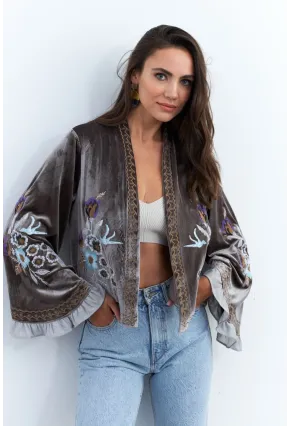 Kadın Haki İspanyol Kol Nakışlı Kadife Ceket QS5577