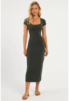 Kadın Haki Kare Yaka Midi Elbise DMR2431