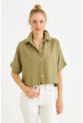 Kadın Haki Kısa Kollu Crop Gömlek CNG117
