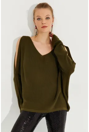 Kadın Haki Kolu Yırtmaçlı Triko Bluz SMT221