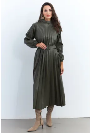 Kadın Haki Pileli Kemerli Maxi Elbise MALZ99