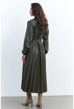 Kadın Haki Pileli Kemerli Maxi Elbise MALZ99