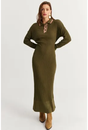 Kadın Haki Polo Yaka Triko Maxi Elbise MNUV17