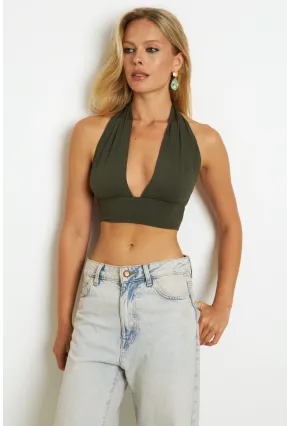 Kadın Haki Sırt Ve Boyun Bağlamalı Bluz EY1472