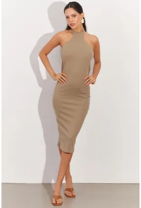 Kadın Haki Sırtı Açık Halter Midi Elbise OW138