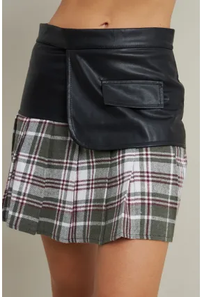 Kadın Haki-Siyah Kazayağı Suni Deri Mini Etek NH93