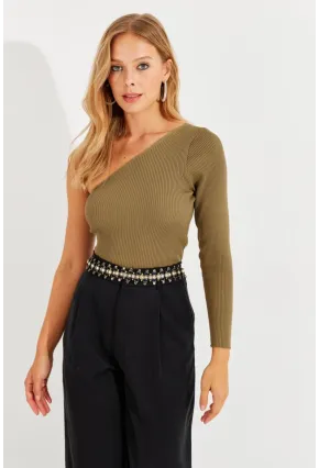 Kadın Haki Tek Omuz Triko Bluz YV204