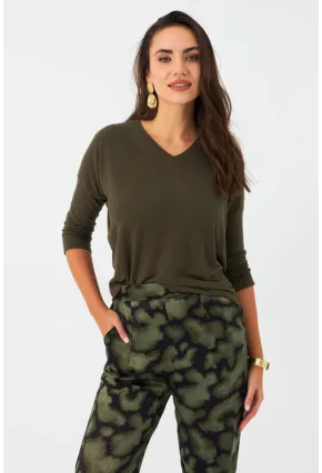 Kadın Haki V Yaka Bluz RX446