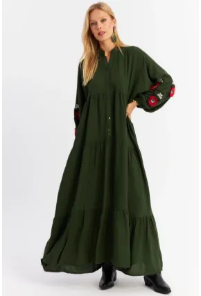 Kadın Haki Volanlı Maxi Elbise MALO9