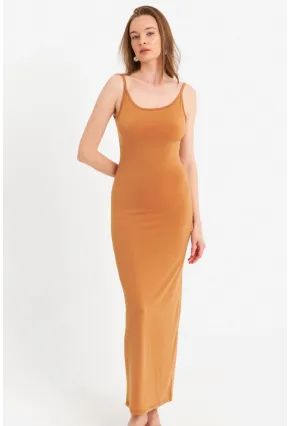 Kadın Hardal Ayarlanabilir Askılı Maxi Elbise MEN2004