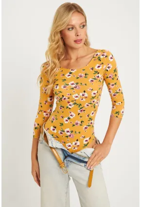 Kadın Hardal Çiçek Desenli Çıtçıtlı Body RK40