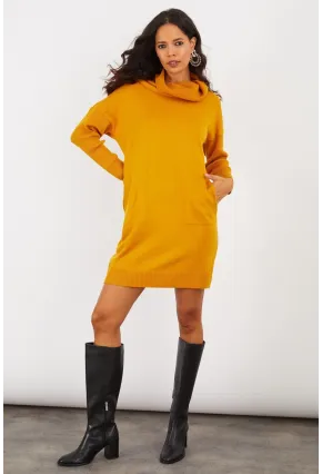 Kadın Hardal Degaje Yaka Triko Mini Elbise YV73