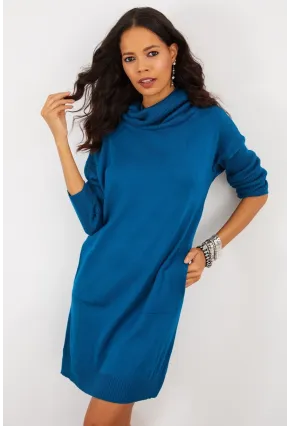 Kadın İndigo Degaje Yaka Triko Mini Elbise YV73