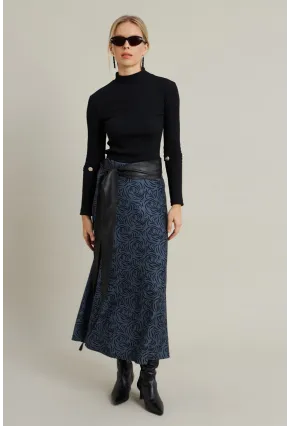 Kadın İndigo Desenli Çan Etek LON3007