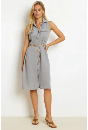 Kadın İndigo Kemerli Gömlek Midi Elbise SGT404