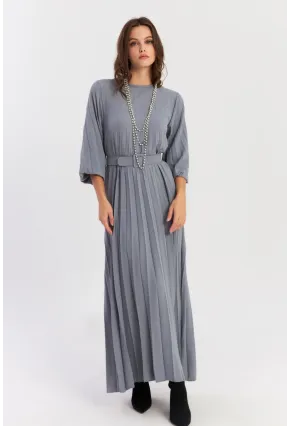 Kadın İndigo Kemerli Plili Maxi Elbise ALZ500