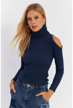 Kadın İndigo Omuzları Açık Kaşkorse Bluz HOR04