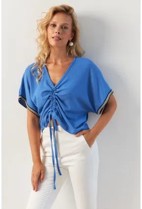 Kadın İndigo Önü Büzgülü Bluz XL2039