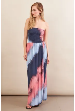 Kadın İndigo-Pudra Straplez Pilise Uzun Elbise MSİ100