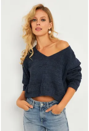 Kadın İndigo Salaş Kısa Triko Bluz YV281