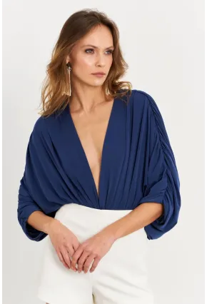 Kadın İndigo Sırt Dekolteli Volanlı V Yaka Body BAR802
