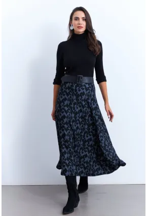Kadın İndigo-Siyah Desenli Çan Etek LON3007