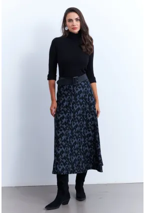 Kadın İndigo-Siyah Desenli Çan Etek MLON3007