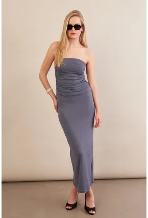 Kadın İndigo Straplez Büzgülü Midi Elbise MX2005
