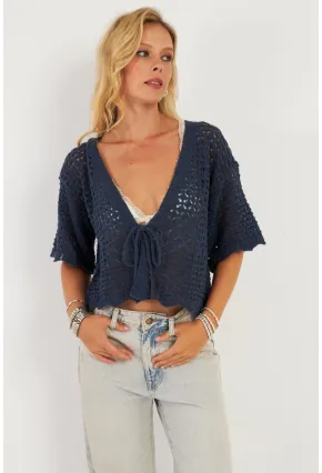 Kadın İndigo Triko Ajurlu Hırka YV255